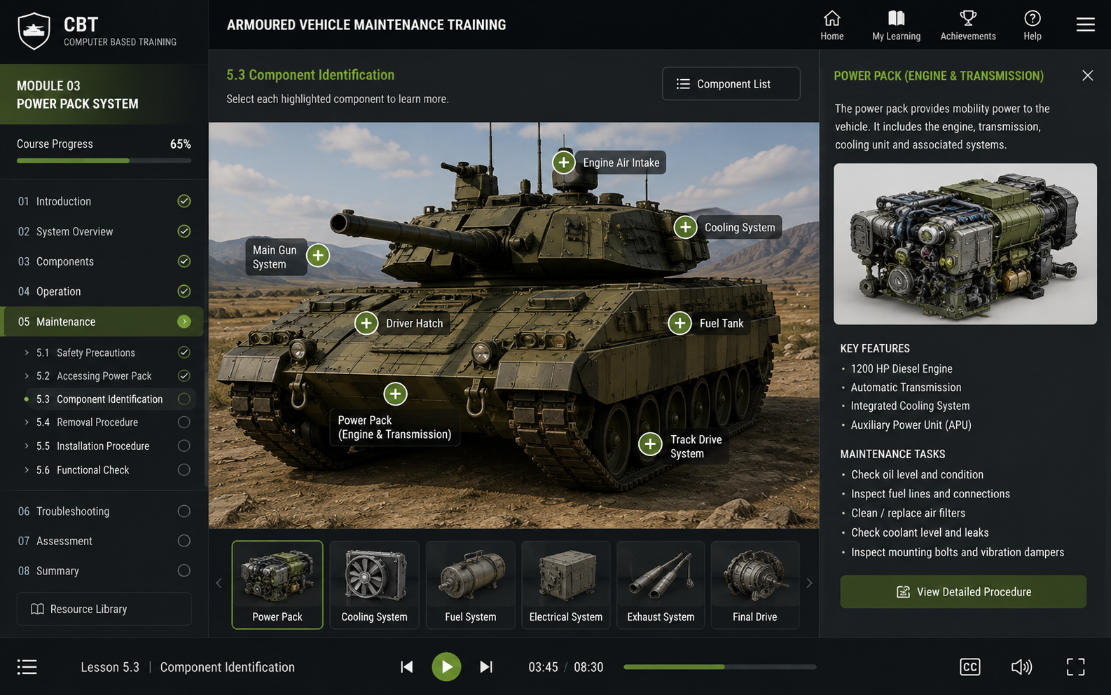 Computer Based Training interface for armoured equipment